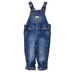 Oshkosh B’Gosh Vestbak Denim Overalls Girls 3T Floral Trim Cuffs Pockets